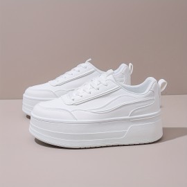 [Chunky Sneakers] Comfortable Chunky Platform Sneakers | Women’s White Shoes, Lace-Up Casual Style, PU Cover Upper & TPR Sole - Perfect for Casual Attire, Students & Short Women, High Top Sneakers