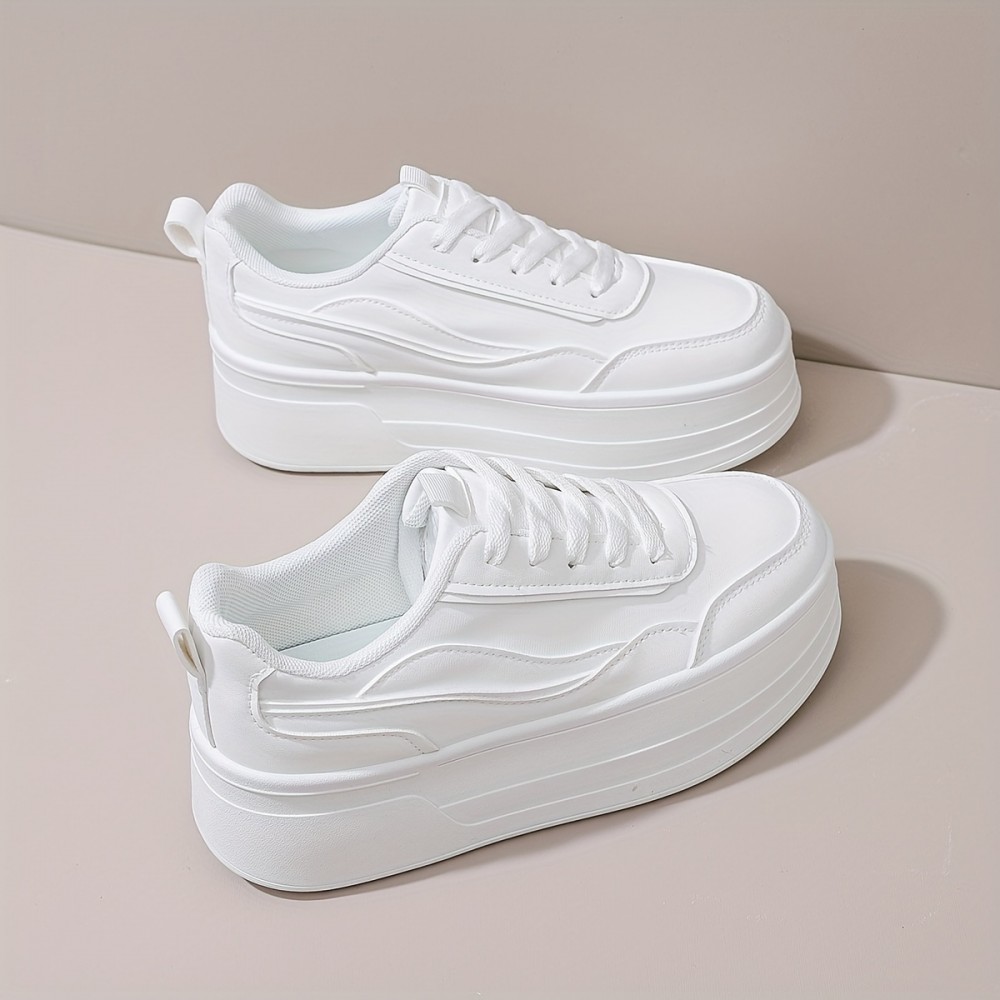 [Chunky Sneakers] Comfortable Chunky Platform Sneakers | Women’s White Shoes, Lace-Up Casual Style, PU Cover Upper & TPR Sole - Perfect for Casual Attire, Students & Short Women, High Top Sneakers