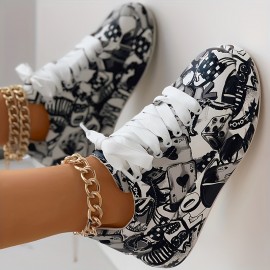 Women's Graffiti Print Sports Shoes, Fashion Lace Up Low Top Platform Sneakers, Casual Skate Shoes
