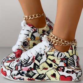 Women's Graffiti Print Sports Shoes, Fashion Lace Up Low Top Platform Sneakers, Casual Skate Shoes