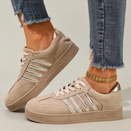Women'S British Style Vertical Stripe Sneakers - Beige & White Low-Top Lace-Up Casual Shoes with Golden Accents, Breathable Fabric Upper & Synthetic Cover Lining, All-Season Versatile for Casual Attire, Ladies Sneakers, Beige And Brown Women'S Sneakers, Women'S Tan Shoes, Sneaker Woman Aesthetic, Comfortable Women'S Sneakers, Lady'S Casual Sneakers, Sneaker For Women, Shoe For Women, Shoe For Woman, Sneaker For Woman