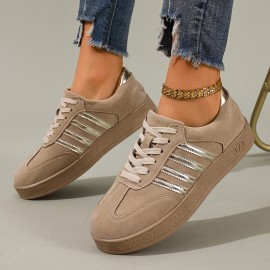 Women'S British Style Vertical Stripe Sneakers - Beige & White Low-Top Lace-Up Casual Shoes with Golden Accents, Breathable Fabric Upper & Synthetic Cover Lining, All-Season Versatile for Casual Attire, Ladies Sneakers, Beige And Brown Women'S Sneakers, Women'S Tan Shoes, Sneaker Woman Aesthetic, Comfortable Women'S Sneakers, Lady'S Casual Sneakers, Sneaker For Women, Shoe For Women, Shoe For Woman, Sneaker For Woman