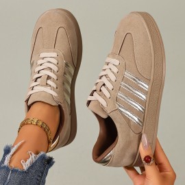 Women'S British Style Vertical Stripe Sneakers - Beige & White Low-Top Lace-Up Casual Shoes with Golden Accents, Breathable Fabric Upper & Synthetic Cover Lining, All-Season Versatile for Casual Attire, Ladies Sneakers, Beige And Brown Women'S Sneakers, Women'S Tan Shoes, Sneaker Woman Aesthetic, Comfortable Women'S Sneakers, Lady'S Casual Sneakers, Sneaker For Women, Shoe For Women, Shoe For Woman, Sneaker For Woman