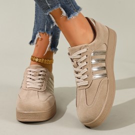 Women'S British Style Vertical Stripe Sneakers - Beige & White Low-Top Lace-Up Casual Shoes with Golden Accents, Breathable Fabric Upper & Synthetic Cover Lining, All-Season Versatile for Casual Attire, Ladies Sneakers, Beige And Brown Women'S Sneakers, Women'S Tan Shoes, Sneaker Woman Aesthetic, Comfortable Women'S Sneakers, Lady'S Casual Sneakers, Sneaker For Women, Shoe For Women, Shoe For Woman, Sneaker For Woman