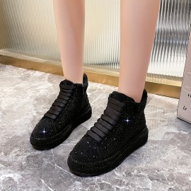 Women's Sparkling Rhinestone Sneakers - Lace-Up party & Wedding Shoes with Glamorous Shine, Non-Slip Rubber Sole - Formal & Everyday Shoes for Women (Black) - All-Season Elegant Footwear, Dressy Shoes