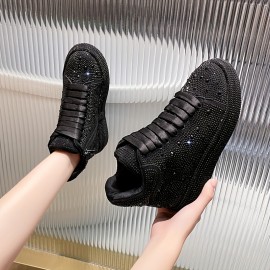 Women's Sparkling Rhinestone Sneakers - Lace-Up party & Wedding Shoes with Glamorous Shine, Non-Slip Rubber Sole - Formal & Everyday Shoes for Women (Black) - All-Season Elegant Footwear, Dressy Shoes
