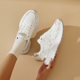 Desai Women'S Breathable Mesh Sneakers with Thick Cushioned PVC Sole - Lightweight Low-Top Lace-Up Running Shoes, All-Season Casual Outdoor Shoes in Beige & White, Ladies Sneakers, Comfortable Fabric Insole