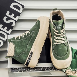 [Comfortable Sneakers] Comfortable Olive Green Men's High-Top Sneakers | Durable Non-Slip Platform Sole, Casual Lace-Up Shoes for Outdoor Activities, Workout, and Casual Attire