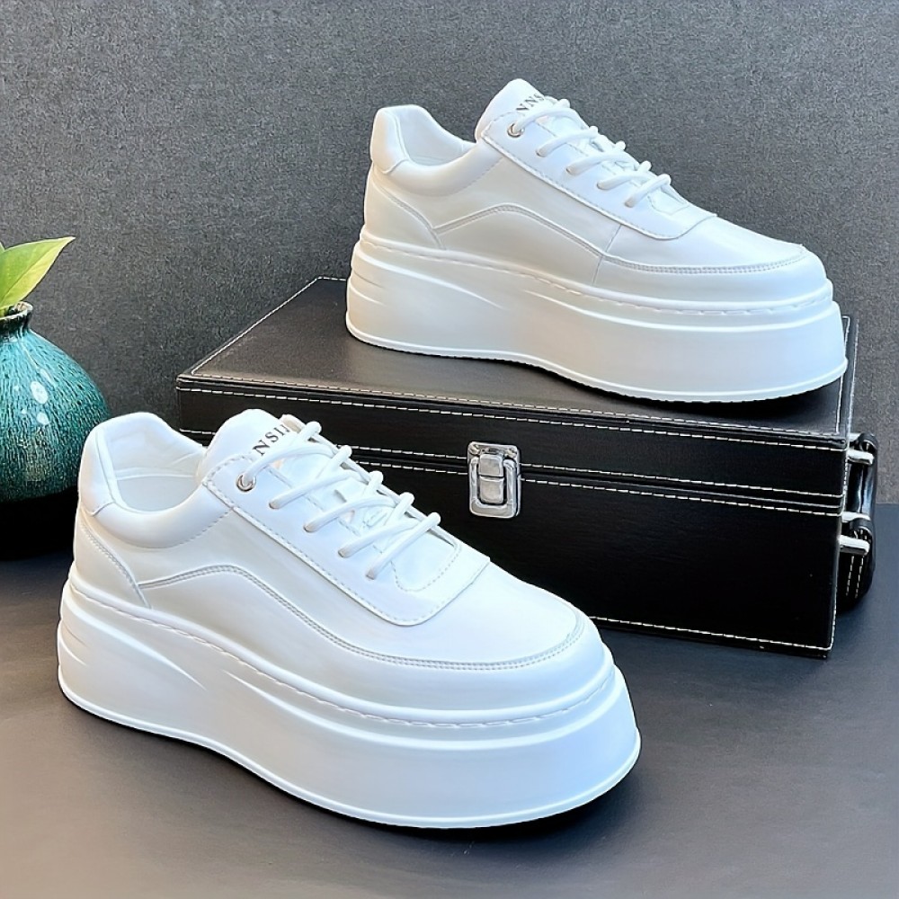 Men'S White Platform Sneakers - Soft, Breathable, Thick Sole, Lace-Up Casual Shoes with Round Toe, Rubber Sole, PVC Insole, Casual Footwear|Platform Sneakers|Rubber Sole Shoes