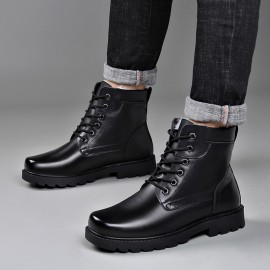 Men's Solid Color Lace-Up Short Boots, Microfiber Synthetic Upper, Fabric Inner & Insole, Rubber Sole, with Non-Slip Walking Shoes