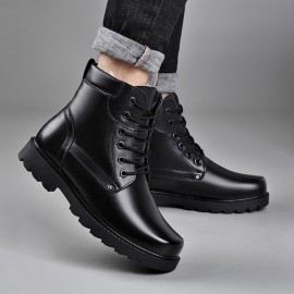 Men's Solid Color Lace-Up Short Boots, Microfiber Synthetic Upper, Fabric Inner & Insole, Rubber Sole, with Non-Slip Walking Shoes