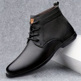 [Retro Ankle Boots] Retro Style Men's Lace-Up Ankle Boots | Solid Color PU Synthetic Upper, Rubber Sole & Breathable Fabric Insole, All-Season Versatile for Semi-Formal & Casual Wear