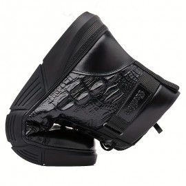 Men's Genuine Leather Crocodile-Texture Boots - Full-Grain Cowhide Winter Snow Boots with Zipper/Tie Closure, Short Ankle for Ice & Snow, Brown (Casual/Wedding/Outdoor) - Warm Rubber Sole & Round Toe