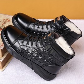 Men's Genuine Leather Crocodile-Texture Boots - Full-Grain Cowhide Winter Snow Boots with Zipper/Tie Closure, Short Ankle for Ice & Snow, Brown (Casual/Wedding/Outdoor) - Warm Rubber Sole & Round Toe