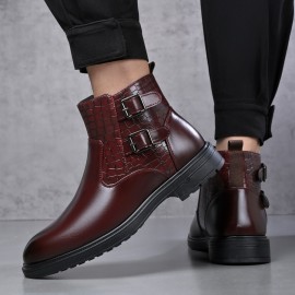 Men's Business Dress Ankle Boots, with a Convenient Side Zipper Design, Unique Crocodile Texture and Double Buckles, Non-Slip Thick-Soled Ankle Boots for Office, Weddings, and Parties,  Professional Attire, Stylish Ankle Boots, Modern Menswear