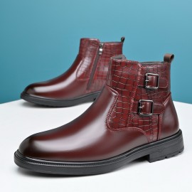 Men's Business Dress Ankle Boots, with a Convenient Side Zipper Design, Unique Crocodile Texture and Double Buckles, Non-Slip Thick-Soled Ankle Boots for Office, Weddings, and Parties,  Professional Attire, Stylish Ankle Boots, Modern Menswear