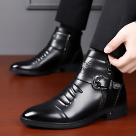 Men'S Business Formal Short Boots, Retro Carved Buckle and Convenient Side Zipper Design, Embossed Pattern on the Shoe Surface, Suitable for 11 Festivals, Fashionable Pointed Toe Ankle Boots for Weddings and Formal Occasions, Casual Dress Shoe For Men, Cowboy Boot For Men, Ankle Boot For Men, Snow Boot For Men, Men'S Medium-length Lightweight Boots