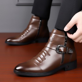 Men'S Business Formal Short Boots, Retro Carved Buckle and Convenient Side Zipper Design, Embossed Pattern on the Shoe Surface, Suitable for 11 Festivals, Fashionable Pointed Toe Ankle Boots for Weddings and Formal Occasions, Casual Dress Shoe For Men, Cowboy Boot For Men, Ankle Boot For Men, Snow Boot For Men, Men'S Medium-length Lightweight Boots