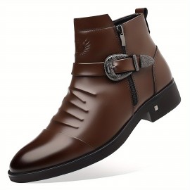 Men'S Business Formal Short Boots, Retro Carved Buckle and Convenient Side Zipper Design, Embossed Pattern on the Shoe Surface, Suitable for 11 Festivals, Fashionable Pointed Toe Ankle Boots for Weddings and Formal Occasions, Casual Dress Shoe For Men, Cowboy Boot For Men, Ankle Boot For Men, Snow Boot For Men, Men'S Medium-length Lightweight Boots