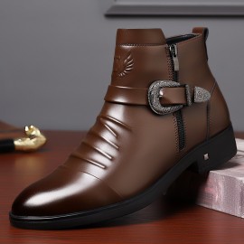 Men'S Business Formal Short Boots, Retro Carved Buckle and Convenient Side Zipper Design, Embossed Pattern on the Shoe Surface, Suitable for 11 Festivals, Fashionable Pointed Toe Ankle Boots for Weddings and Formal Occasions, Casual Dress Shoe For Men, Cowboy Boot For Men, Ankle Boot For Men, Snow Boot For Men, Men'S Medium-length Lightweight Boots