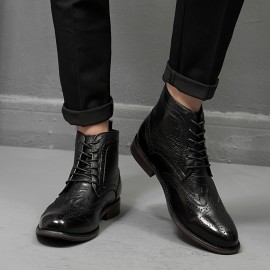 Men'S British Style Brogue High-Top Boots - Soft Faux Upper, Non-Slip Rubber Sole, Lace-Up Mid-Calf Boots for All-Season Casual & Formal Wear, Durable & Comfortable Design, Formal Footwear, Classic Round Toe, Durable Footwear, Men Boot, Boot For Men Suit, Men Thermal Dress Boot, Fleece-lined Insoles, Cold-weather Fleece-lined Jeans, Men Dress Shoe, Men Boots, Men Shoe