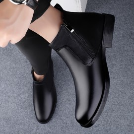 Men's Mid-Calf Boots - Stylish Retro Ankle Boots with Zipper Closure, Glossy Upper & Slip-Resistant Rubber Sole, Black Versatile Boots for Casual & Formal Outfits, Sleek Boot Design