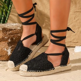 Bohemian Style Women's Flat Sandals, Summer Vacation Round Toe Lace-Up Ankle Strap Shoes with Fabric Upper, TPR Sole, and Comfort Insole, Strappy Sandals