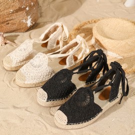 Bohemian Style Women's Flat Sandals, Summer Vacation Round Toe Lace-Up Ankle Strap Shoes with Fabric Upper, TPR Sole, and Comfort Insole, Strappy Sandals