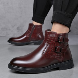 Men'S Ankle Boots - Slip-On Zipper & Buckle Closure, Synthetic Cover Upper, Cushioned Insole & Non-Slip Rubber Sole - All-Season Formal & Casual Shoes for Office, Everyday, Outdoor - Brown Boots for Fall/Winter - Easy-Clean Footwear, Office Wear, Sleek Design, Durable Construction, Urban Style, Everyday Footwear, Modern Footwear, Comfortable Lining, Professional Attire, Men Shoe, Shoe For Men High Quality, Men' Shoe, Winter Shoe For Men, Formal Shoe For Men