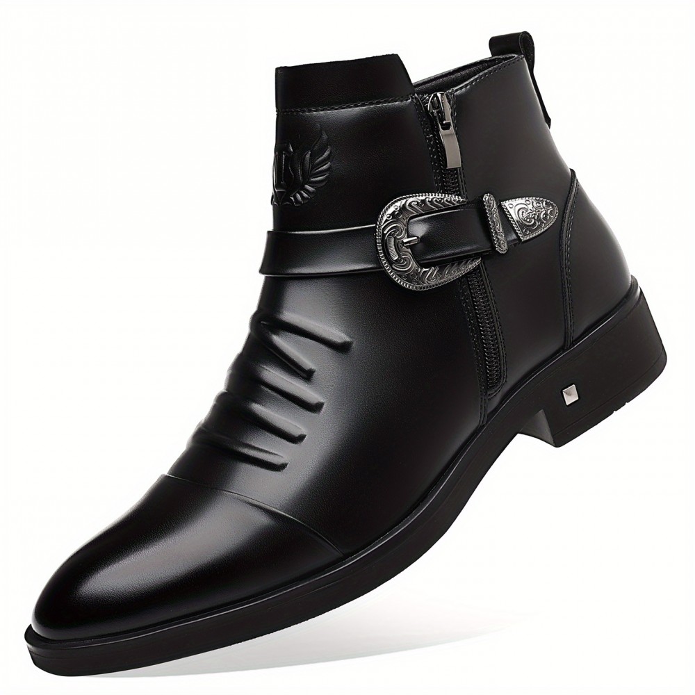 Men'S Business Formal Short Boots, Retro Carved Buckle and Convenient Side Zipper Design, Embossed Pattern on the Shoe Surface, Suitable for 11 Festivals, Fashionable Pointed Toe Ankle Boots for Weddings and Formal Occasions, Casual Dress Shoe For Men, Cowboy Boot For Men, Ankle Boot For Men, Snow Boot For Men, Men'S Medium-length Lightweight Boots