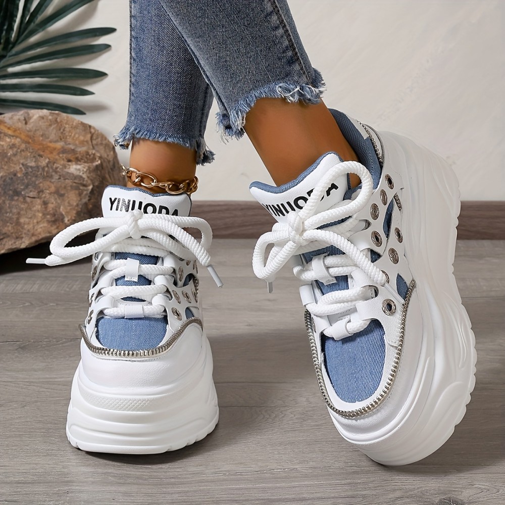 Women's Chunky Platform Sneakers - Mid Top EVA Lace-up Fashion Shoes with Round Toe, Fabric Upper & Lining, Polyurethane Sole for All-Season Comfort