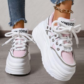 Women's Chunky Platform Sneakers - Mid Top EVA Lace-up Fashion Shoes with Round Toe, Fabric Upper & Lining, Polyurethane Sole for All-Season Comfort