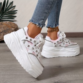 Women's Chunky Platform Sneakers - Mid Top EVA Lace-up Fashion Shoes with Round Toe, Fabric Upper & Lining, Polyurethane Sole for All-Season Comfort
