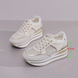 Women's Solid Color Casual Sneakers, Platform Soft Sole Heightening Walking Shoes, Breathable Low-top Wedge Shoes
