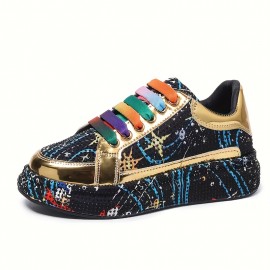 Women'S Rhinestone-Embellished Low-Top Sneakers - Sparkling Round-Toe Lace-Up Casual Shoes with Durable Rubber Sole, All-Season Comfort & Retro Cartoon Graffiti Design, Synthetic Cover Upper & Fabric Lining for Casual Attire, Label Wearers | Hook and Loop Closures, Delicate Shoe Charm, Geometric Pattern of Style, Holiday Charm, Exquisite Popular Style, Synthetic Material Suitable