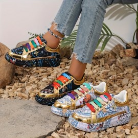Women'S Rhinestone-Embellished Low-Top Sneakers - Sparkling Round-Toe Lace-Up Casual Shoes with Durable Rubber Sole, All-Season Comfort & Retro Cartoon Graffiti Design, Synthetic Cover Upper & Fabric Lining for Casual Attire, Label Wearers | Hook and Loop Closures, Delicate Shoe Charm, Geometric Pattern of Style, Holiday Charm, Exquisite Popular Style, Synthetic Material Suitable