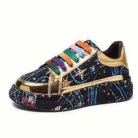 Women'S Rhinestone-Embellished Low-Top Sneakers - Sparkling Round-Toe Lace-Up Casual Shoes with Durable Rubber Sole, All-Season Comfort & Retro Cartoon Graffiti Design, Synthetic Cover Upper & Fabric Lining for Casual Attire, Label Wearers | Hook and Loop Closures, Delicate Shoe Charm, Geometric Pattern of Style, Holiday Charm, Exquisite Popular Style, Synthetic Material Suitable