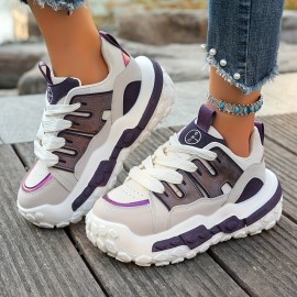 Women'S Chunky Gray & Purple Sneakers - Casual Lace-Up Sneakers with Thick Rubber Sole, Fashionable Low-Top Design, All-Season Wear