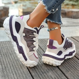 Women'S Chunky Gray & Purple Sneakers - Casual Lace-Up Sneakers with Thick Rubber Sole, Fashionable Low-Top Design, All-Season Wear