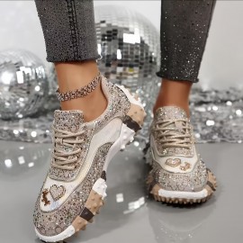 Women'S Sparkling Rhinest-Em Thick-Soled Sneakers - Stylish Low-Top Lace-Up Casual Shoes with Round Toe, Fabric Upper & Rubber Sole for All-Season Outdoor Wear, Ladies Sneakers, Allseason Footwear, Durable Traction Footwear