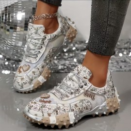 Women'S Sparkling Rhinest-Em Thick-Soled Sneakers - Stylish Low-Top Lace-Up Casual Shoes with Round Toe, Fabric Upper & Rubber Sole for All-Season Outdoor Wear, Ladies Sneakers, Allseason Footwear, Durable Traction Footwear