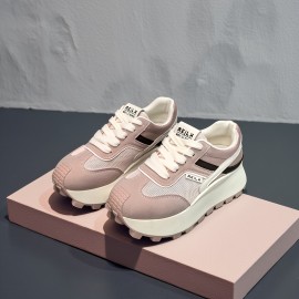 Women'S British-Inspired College Style Lace-Up Sneakers - Breathable Mesh & Thick Cushioned Sole, Geometric Pattern Low-Top Casual Shoes for All-Season Comfort, Ladies Sneakers, Durable Tpr Sole