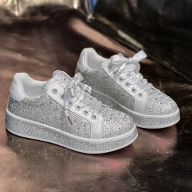 Women's Rhinestone-Embellished Low-Top Lace-Up Sneakers - Sparkling Crystal Accents, Breathable Fabric Upper & Rubber Sole, Round Toe Comfort for Casual & Semi-Formal Wear, Versatile Fashion Shoes, Decorative Lace Shoes, Durable Footwear, Casual Attire, Stylish Sneakers, Quality Construction, Stylish Ladies