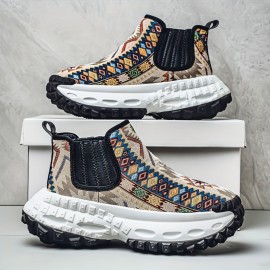 Men'S All-Season Hiking Shoes - Slip-On/Lace-Up Closure, Breathable Fabric Upper & Non-Slip PVC Outsole, Mid-Calf Support for Outdoor, Gym, Everyday - Beige/Blue/Black/Red/White/ - Durable Trekking Shoes for Men, Outdoor Footwear, Geometric Pattern, Secure Fit, Versatile Footwear, Active Lifestyle, Shoe For Men High Quality