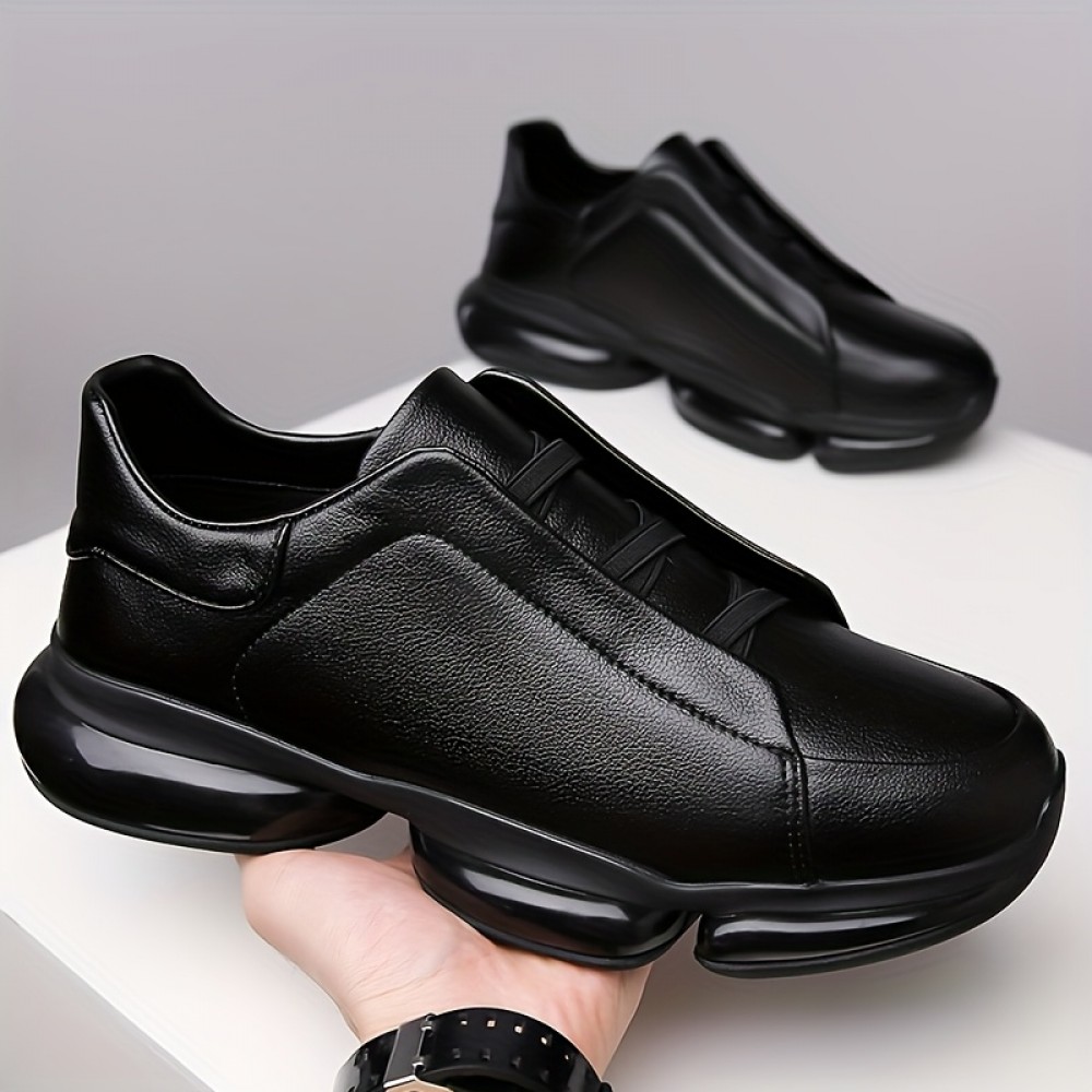 Men's Slip-On Casual Sneakers - Black Synthetic Low-Top Shoes with Round Toe, Rubber Sole, and Comfortable PU Inner Lining for Casual Attire