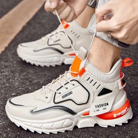 Men's Solid Trendy Chunky Shoes With Shock Absorption, Comfy Non Slip Lace Up Sneakers For Men's Outdoor Activities