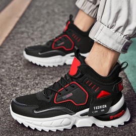 Men's Solid Trendy Chunky Shoes With Shock Absorption, Comfy Non Slip Lace Up Sneakers For Men's Outdoor Activities