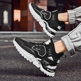 Men's Solid Trendy Chunky Shoes With Shock Absorption, Comfy Non Slip Lace Up Sneakers For Men's Outdoor Activities