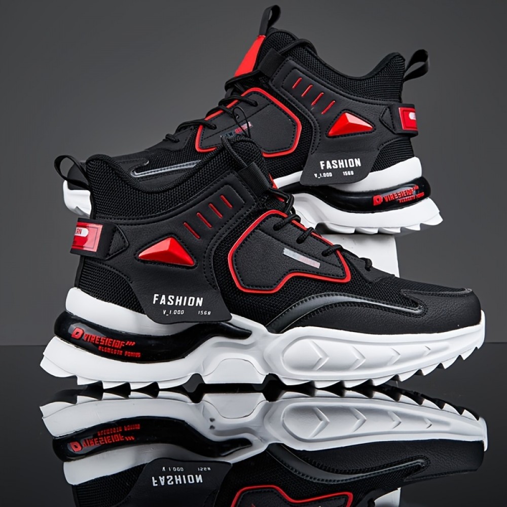 Men's Solid Trendy Chunky Shoes With Shock Absorption, Comfy Non Slip Lace Up Sneakers For Men's Outdoor Activities