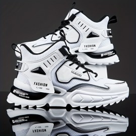 Men's Solid Trendy Chunky Shoes With Shock Absorption, Comfy Non Slip Lace Up Sneakers For Men's Outdoor Activities